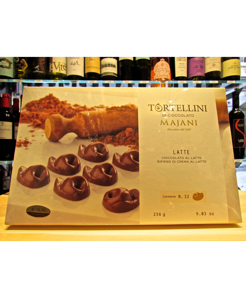 Online sales Milk Chocolate filled milk cream Tortellini Majani of Bologna in gift boxes. Shop online Dark Chocolate Scorza Maja