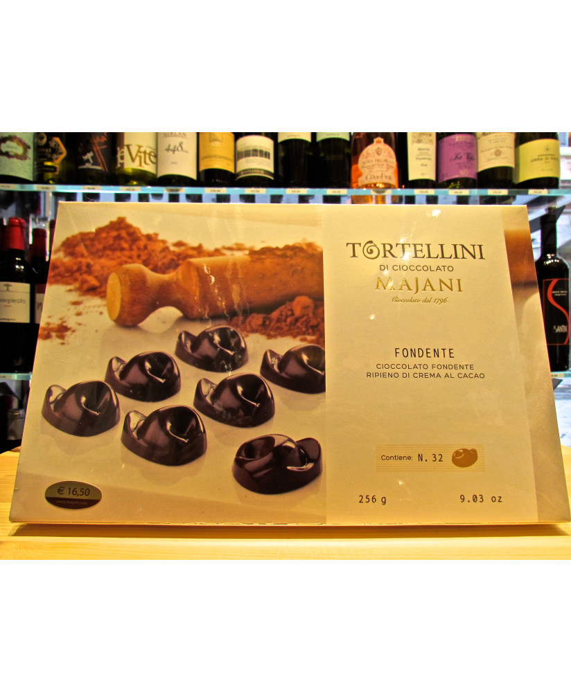 Online sales Dark Chocolate filled milk cream Tortellini Majani of Bologna in gift boxes. Shop online Dark Chocolate Scorza Maja