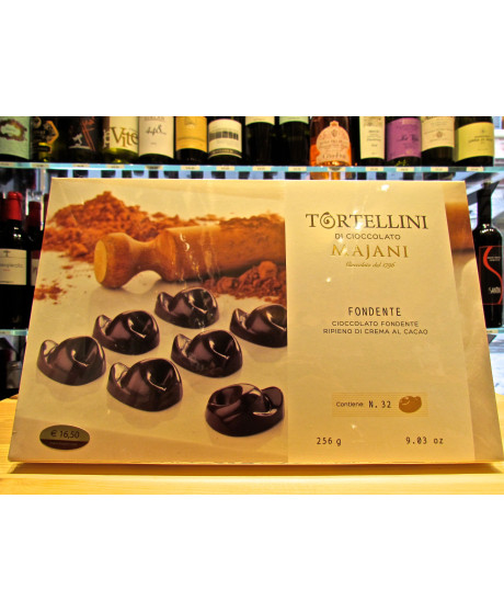 Online sales Dark Chocolate filled milk cream Tortellini Majani of Bologna in gift boxes. Shop online Dark Chocolate Scorza Maja