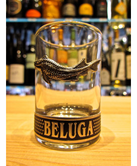 Short sale online Glass Vodka Beluga Noble with metal sturgeon in relief. Shop online glasses Shortino vodka