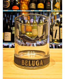 Short sale online Glass Vodka Beluga Noble with metal sturgeon in relief. Shop online glasses Shortino vodka