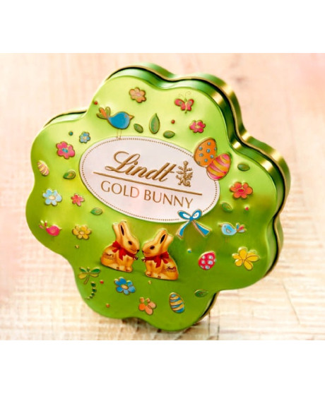 Online sales packs Lindt Gold Bunny, with little bunnies. Shop online bunnies, bunny gift-wrapped metal box of Lindt. Best price