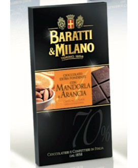 Vendita online tavolette di cioccolato extra fondente Baratti & Milano con scorze d'arancia candite e mandorle. Shop on line bar