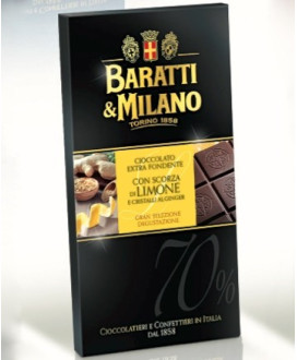 Vendita online tavolette di cioccolato extra fondente Baratti & Milano con scorze di limone candite e cristalli di zenzero. Shop