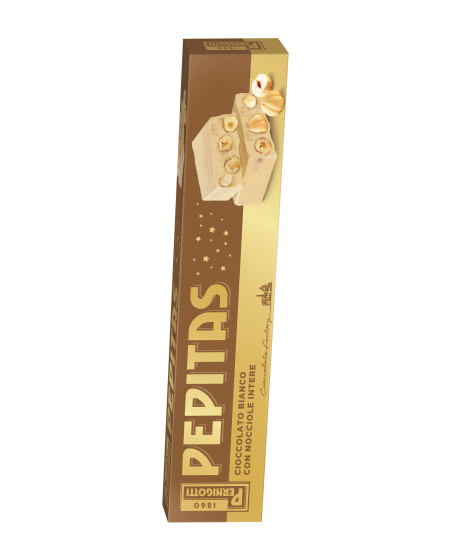 Online sales Nougat Pernigotti Pepitas, white chocolate with hazelnuts. Shop online nougat and prices.