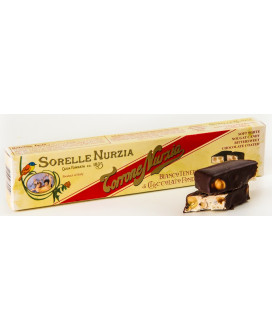 Vendita online Torrone delle Sorelle Nurzia, tenero con nocciole ricoperto al cioccolato fondente puro, morbido. Shop on line To