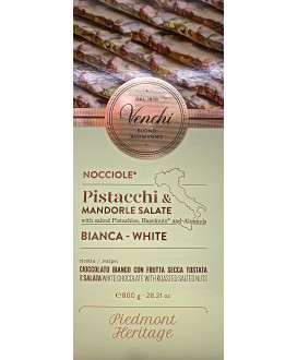 Buy online sales of italian chocolate bars with hazelnuts Venchi large white piedmont whole, almonds and salted pistachios