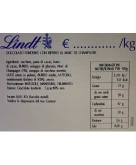 Vendita online cioccolatini a forma di Tappo di Champagne al cioccolato fondente Lindt con ripieno al Marc de Champagne. Shop on