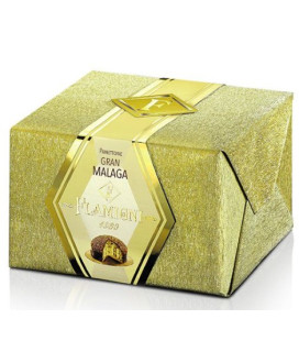 Vendita online panettone Flamigni Gran Malaga con crema catalana e uvetta, ricoperto di cioccolato fondente e cristalli di zucch