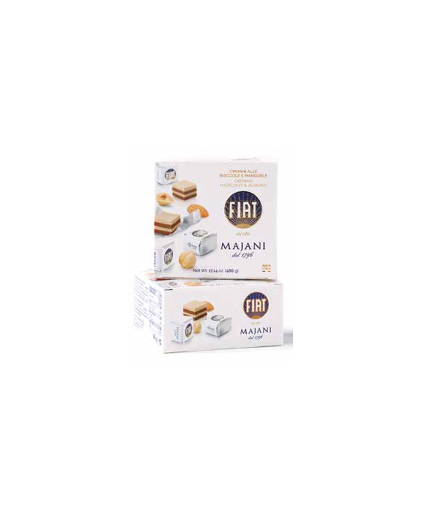 Online sales Cremini Fiat Majani of Bologna in gift boxes. Shop online Cube Fiat, Cremini layers of hazelnut and almond in gift 