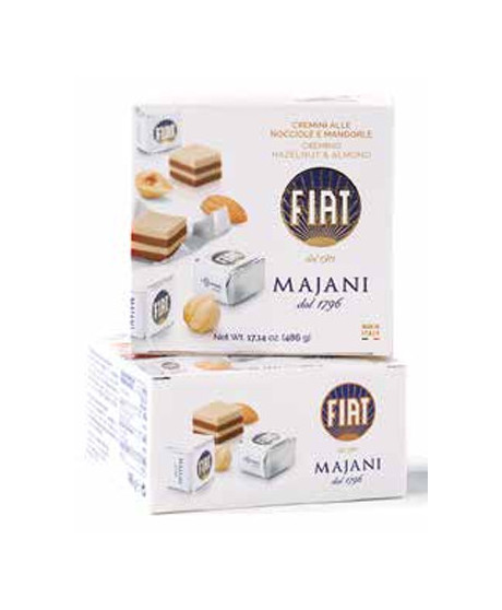 Online sales Cremini Fiat Majani of Bologna in gift boxes. Shop online Cube Fiat, Cremini layers of hazelnut and almond in gift 