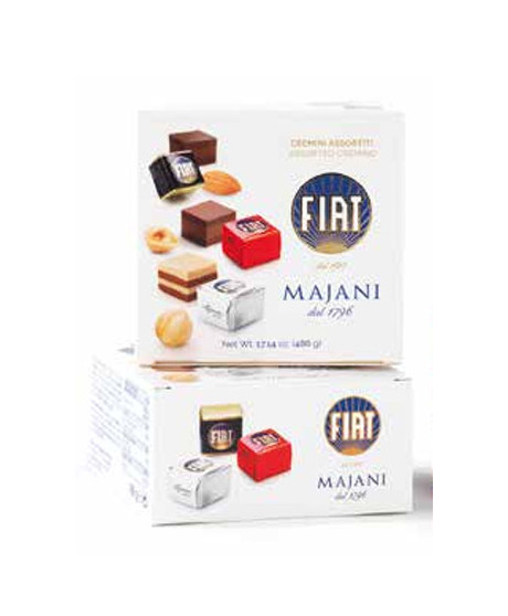 Online sales Cremini Fiat Majani of Bologna in gift boxes. Shop online Cube Fiat, Cremini layers of hazelnut and almond in gift 