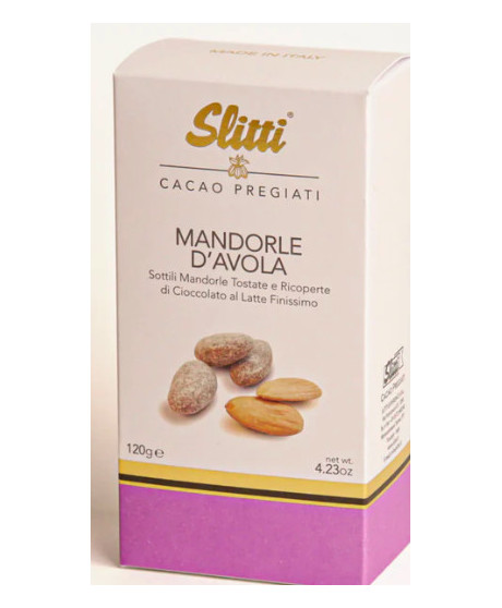 Vendita online scatola Mandorla d'Avola "Pizzuta" Slitti. Shop on line mandorle ricoperte di cioccolato al latte. Vendita on lin