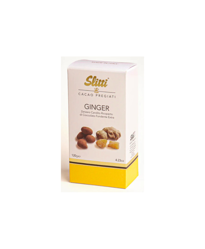 Vendita online Ginger candito ricoperto di cioccolato fondente Slitti. Shop on line zenzero ricoperto di cioccolato amaro extra.