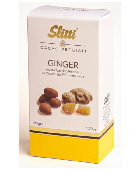 Vendita online Ginger candito ricoperto di cioccolato fondente Slitti. Shop on line zenzero ricoperto di cioccolato amaro extra.