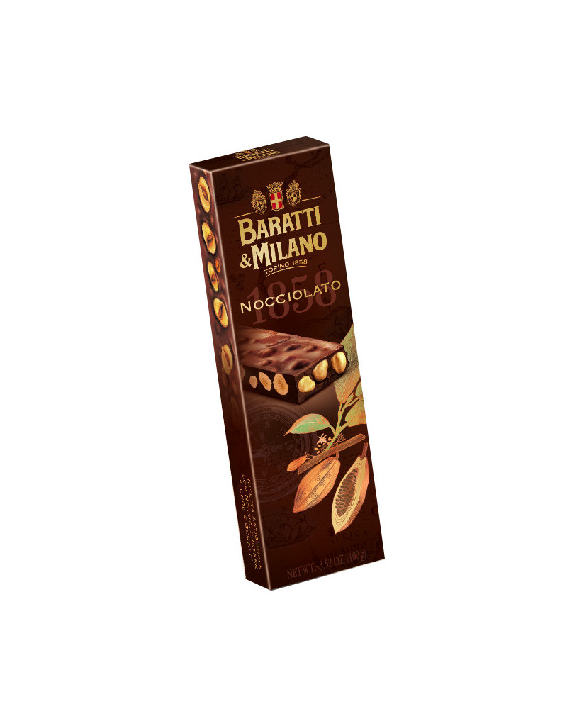 Online sales of milk chocolate bars with hazelnuts Baratti & Milano. Shop on line 1858 Baratti Hazelnut chocolate Piedmont Turin