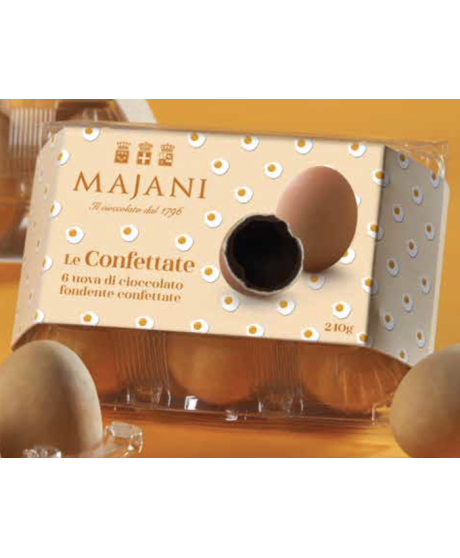 Vendita online uova di gallina confettate Majani, ripiene di cioccolato fondente. Shop on line ovette di zucchero con uno strato