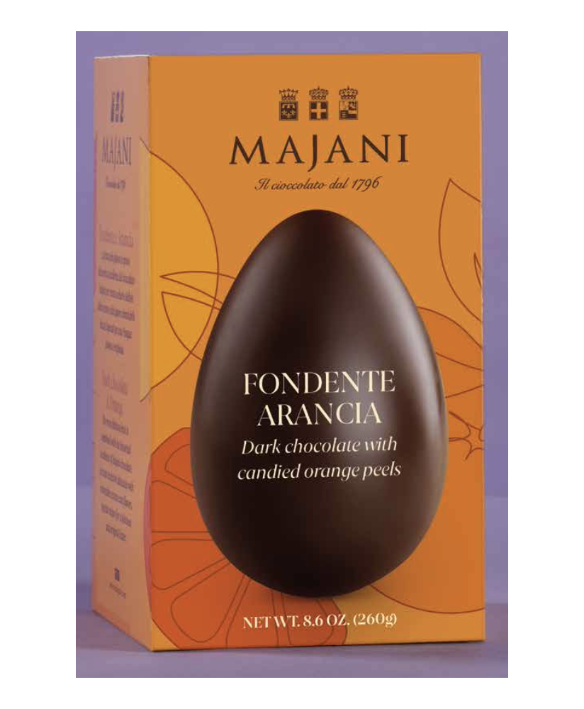 Vendita online uova di Pasqua Majani di cioccolato fondente extra con scorze di arancia candite. Shop on line Uovo di Pasqua fon