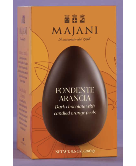 Vendita online uova di Pasqua Majani di cioccolato fondente extra con scorze di arancia candite. Shop on line Uovo di Pasqua fon